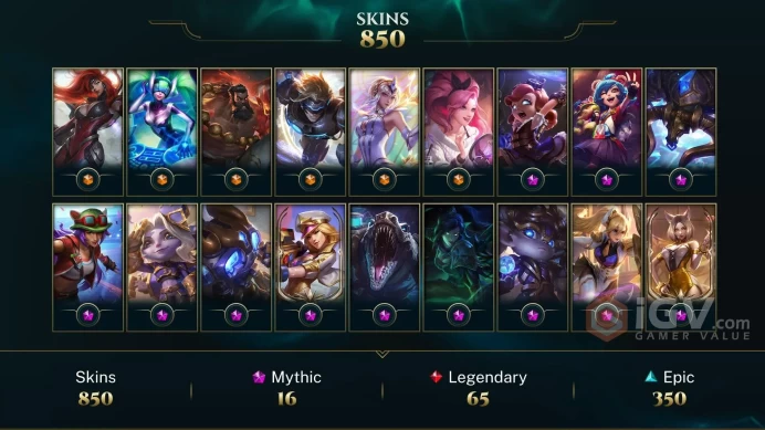 NA ~ 1100 Skins/Chromas - Prestige Battle Cat Jinx - Prestige K/DA Ahri - Prestige Porcelain Kindred - Prestige Battle Queen Diana - MY177