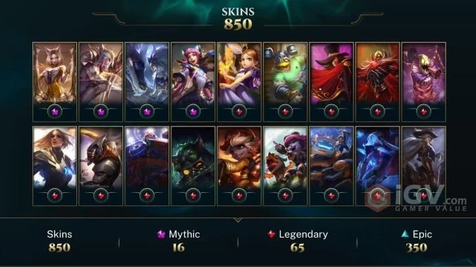 NA ~ 1100 Skins/Chromas - Prestige Battle Cat Jinx - Prestige K/DA Ahri - Prestige Porcelain Kindred - Prestige Battle Queen Diana - MY177