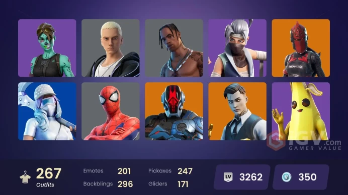 FA / 267 SKINS / TRAVIS SCOTT / NEO VERSA / GOLD MEOWSCLES / GOLD MIDAS / GOLD BRUTUS / POINT PATROLLER / TART TYCOON / CLOUD STRIKER /