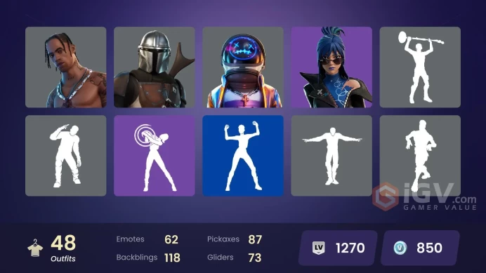 | PC | 48 SKINS | Travis Scott | Astro Jack | Peter Griffin | Son Goku | Valeria | Omegarok | Spectra Knight | Vegeta | Montague | 850 VBUCK | G