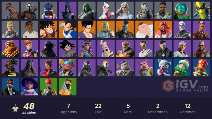 | PC | 48 SKINS | Travis Scott | Astro Jack | Peter Griffin | Son Goku | Valeria | Omegarok | Spectra Knight | Vegeta | Montague | 850 VBUCK | G