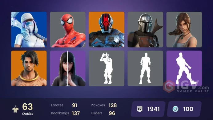 | PC/XBOX | 63 SKINS | The Foundation | Kymera | Ronin | The Ageless | Predator | Raz | Mandalorian | Nezumi | Menace | 100 VBUCKS | Fz8fV |