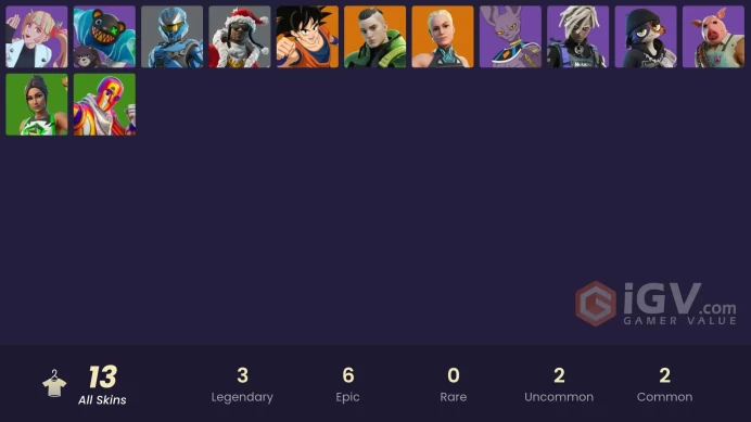 | PC/XBOX | 13 SKINS | Son Goku | Twyn | Paradigm (Reality-659) | Meow Skulls | Grriz | Bytes | Santa Dogg | UNSC Spartan | 550 VBUCKS | Fct6s |
