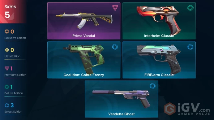 | LATAM | 5 SKINS | VALUE: 1775 VP | Prime Vandal | Interhelm Classic | RANKED READY | 105 LEVEL | INSTANT DELIVERY | FULL ACCESS | Fxsuv |