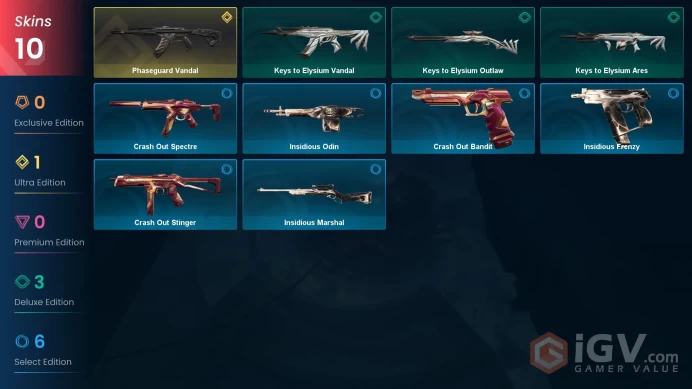 [EU] 8 SKINS | 0 KNIFES | 4 AGENTS | Phaseguard Vandal, Keys to Elysium Vandal, Keys to Elysium Ares | ~ 2,475 VP Inventory value