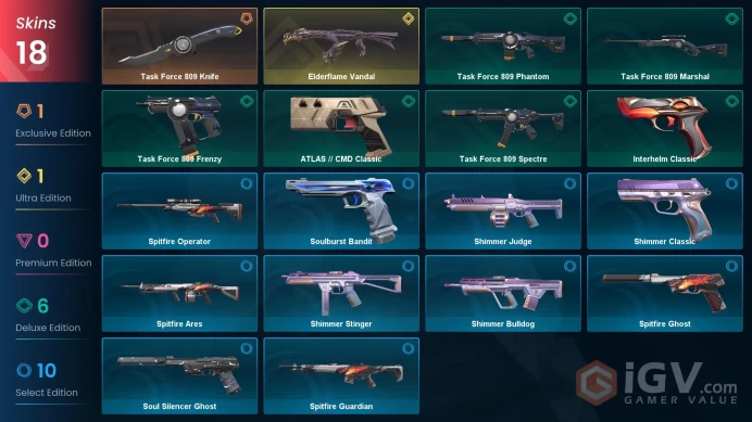 [EU] 18 SKINS | 1 KNIFES | 21 AGENTS | Elderflame Vandal, Task Force 809 Knife, ATLAS // CMD Classic | ~ 2,475 VP Inventory value