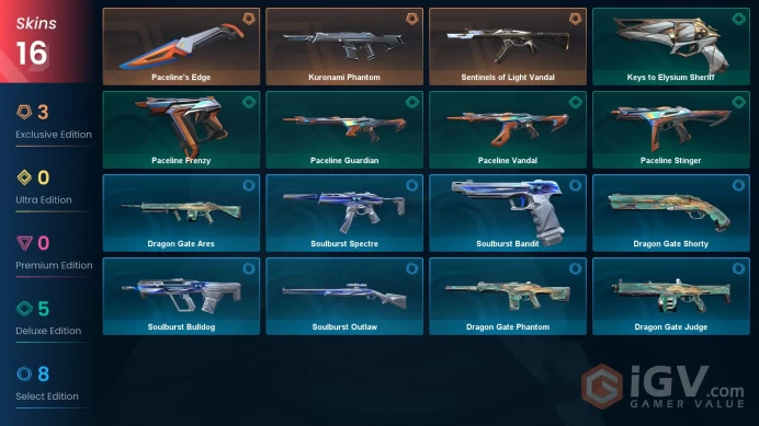 [AP] 15 SKINS | 1 KNIFES | 10 AGENTS | Kuronami Phantom, Sentinels of Light Vandal, Paceline's Edge | ~ 4,550 VP Inventory value