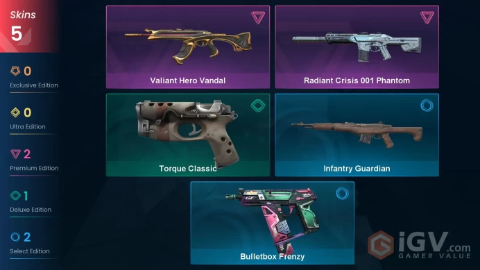 [NA] 5 SKINS | 0    KNIVES |Valiant Hero Vandal Radiant Crisis 001 Phantom Infantry Guardian Bullettoox Frenzy Torque Classic