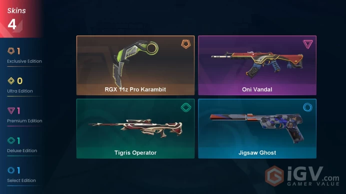 EU 4 skins | RGX 11z Pro Karambit | Oni Vandal | Tigris Operator | Jigsaw Ghost | V0565