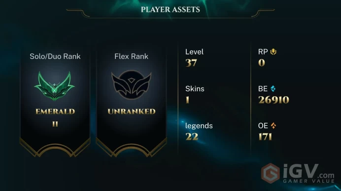 EUW -(S16) EMERALD 2(52LP) - %75WR - GRANDMASTER MMR - 22 Champ - 1 Skins 27K BE - GOOD LOOT - UNVERIFIED MAIL - FULL ACCES - CHEAP
