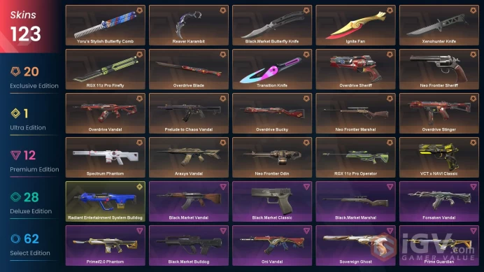 EU/TUR 89365 Spent VP Ignite Fan VCT x NAVI Classic Prelude to Chaos Vandal Recon Phantom Prime//2.0 Phantom Aemondir Vandal Forsaken Vandal Ove