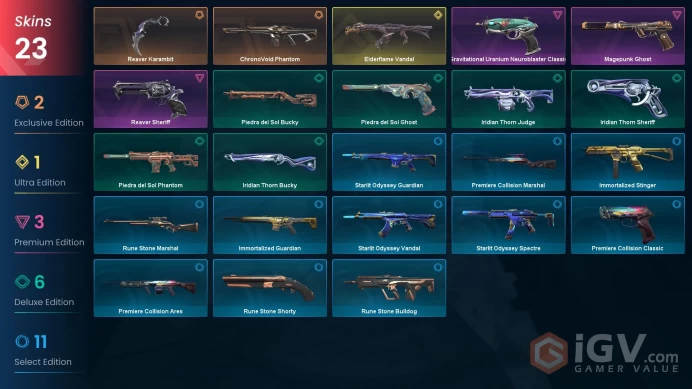 [EU] 22 SKINS | 0 KNIFES | 3 AGENTS | Elderflame Vandal, ChronoVoid Phantom, Reaver Sheriff | ~ 9,975 VP Inventory value