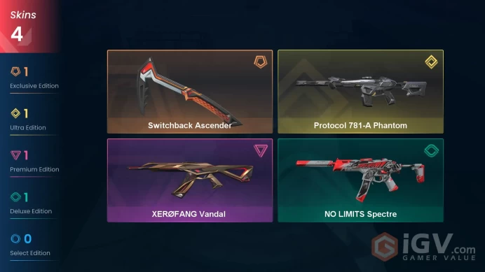 [NA] 4 SKINS | 1 KNIFES | 5 AGENTS | Protocol 781-A Phantom, Switchback Ascender, XERØFANG Vandal | ~ 7,275 VP Inventory value