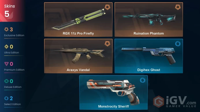 [EU] 5 SKINS | 1 KNIFES | 23 AGENTS | Araxys Vandal, RGX 11z Pro Firefly, Ruination Phantom, Monstrocity Sheriff | ~ 8,700 VP Inventory value