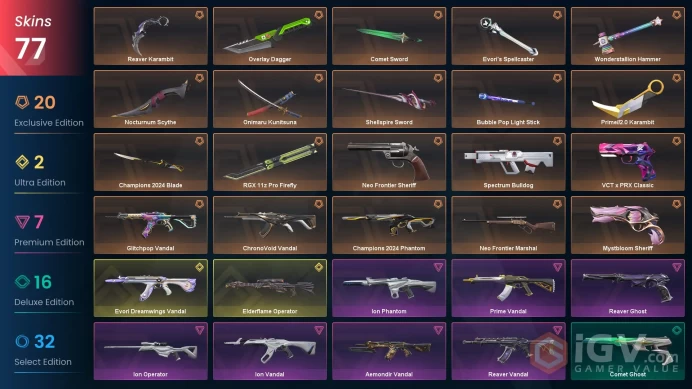 EU/TUR 76740 Spent VP Champions 2024 Bundle Prime//2.0 Karambit Onimaru Kunitsuna Evori Dreamwings Vandal Reaver Vandal Ion Vandal ChronoVoid Va