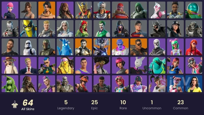 [PC] 64 skins | Wildcat | Kymera | Spire Assassin | Joey | Midas Rex | Raz | Imperial Stormtrooper | Boba Fett | Mighty Thor | 0 VB