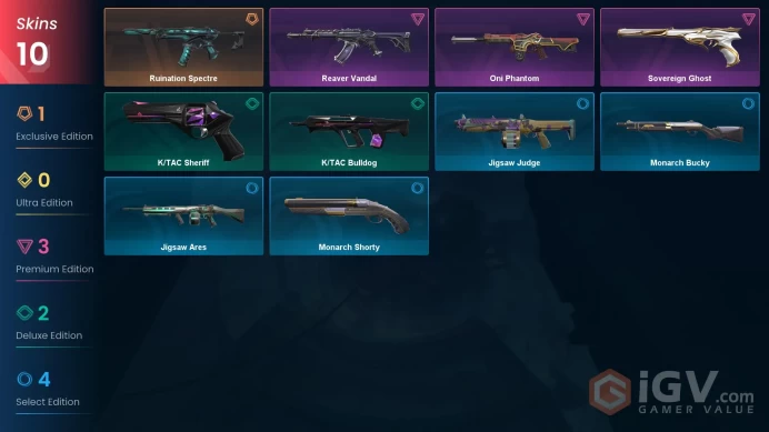 [EU] 10 SKINS | 0 KNIFES | 5 AGENTS | Ruination Spectre, Reaver Vandal, Oni Phantom, Sovereign Ghost | ~ 7,500 VP Inventory value