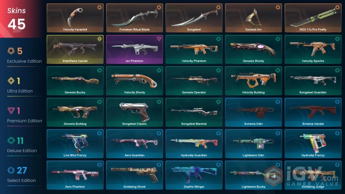 [EU] Email | 45 Skins | 5 Knifes | Elderflame Vandal | RGX 11z Pro Firefly | Velocity Karambit | Forsaken Ritual Blade | Songsteel