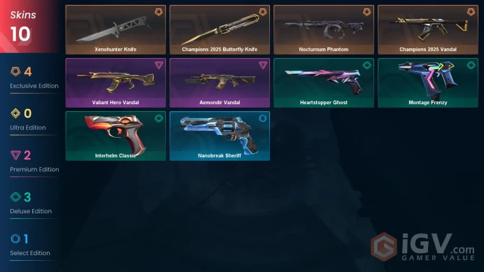10 Skin // EU-TR // Champions 2025 Vandal + Aemondir Vandal + Valiant Vandal + Nocturnum Phantom + 2 Knife // FULL Access // Diamond 1
