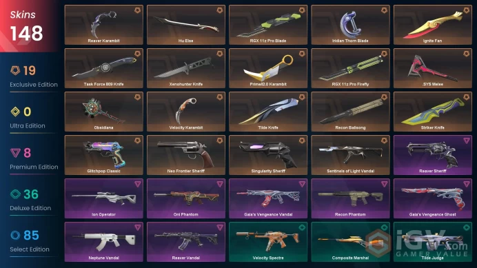 NA | Ignite Fan, Reaver Karambit, RGX 11z Pro Blade+Firefly, Xenohunter Knife, Reaver Vandal, Gaia's Vandal, Recon Phantom, Neo Frontier Sheriff