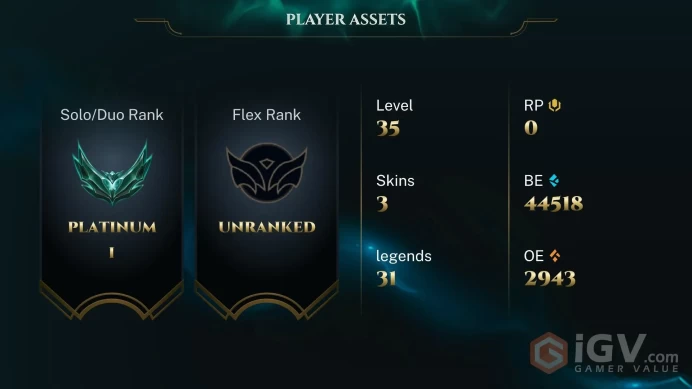 North America HANDLVL'D PLATINUM 1 ( 2 WINS, 1 LOSSES ) + BE:45K + 31 CHAMPS + FULL ACCESS + Instant Delivery + A056