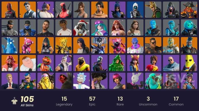 95 Skins Fa / Tricera Ops / Galaxy Scout / Blaze / Funk Ops / Gwenpool / Black Widow Outfit / Codename E.L.F. / Candy Axe / gs024