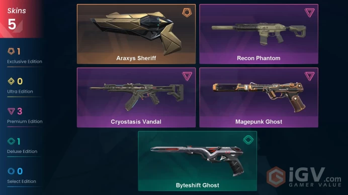 EU | 11 VP | 5 skins | Araxys Sheriff | Magepunk Ghost | Cryostasis Vandal | Recon Phantom | Byteshift Ghost |	V0143