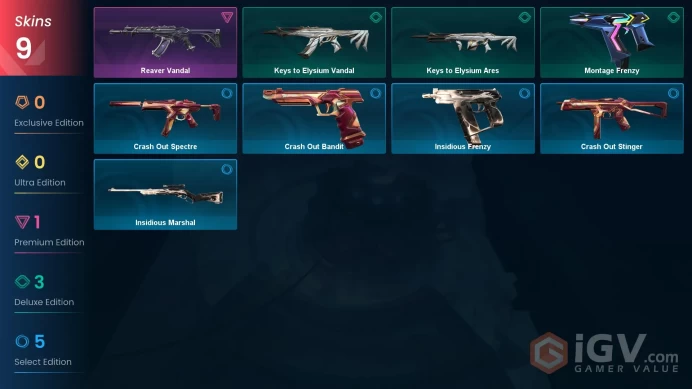 EU | VP 275 | LVL 37 | Reaver Vandal | Montage Frenzy | Keys to Elysium Ares | Keys to Elysium Vandal | Crash Out Bandit | Insidious Fre | V0956