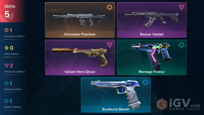 5 skins | Reaver Vandal | Valiant Hero Ghost | Kuronami Phantom | Montage Frenzy | Soulburst Bandit | L8696