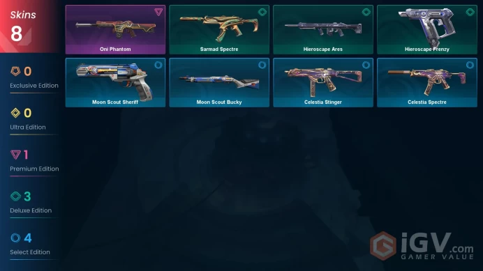 AP 8 skins | Oni Phantom | Hieroscape Frenzy | Sarmad Spectre | Hieroscape Ares | Celestia Spectre | Moon Scout Bucky | V0250