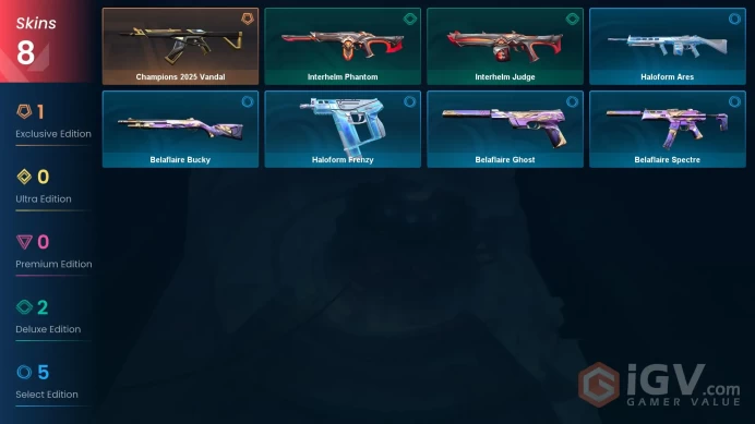 EU 8 skins | Champions 2025 Vandal | Interhelm Judge | Interhelm Phantom | Belaflaire Spectre | Belaflaire Ghost | Haloform Ares | V0338