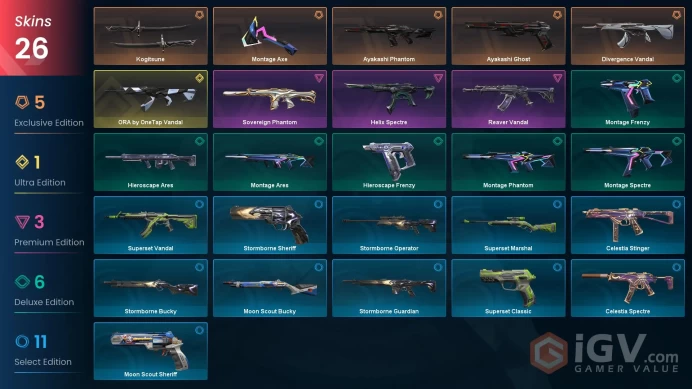 NA 26 skins | ORA by OneTap Vandal | Ayakashi Phantom | Kogitsune | Divergence Vandal | Reaver Vandal | Montage Axe | Sovereign Phantom | V0546