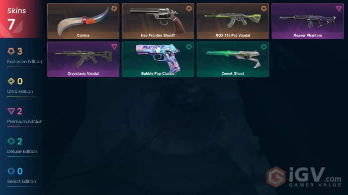 EU 7 skins | Neo Frontier Sheriff | RGX 11z Pro Vandal | Catrina | Cryostasis Vandal | Reaver Phantom | Comet Ghost | Bubble Pop Classic | V0466