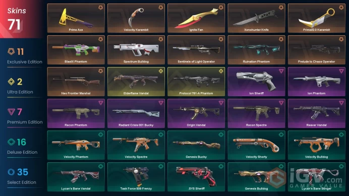 NA | Ignite Fan, Xenohunter Knife, Prime//2.0 Karambit, Reaver Vandal, Elderflame Vandal, Protocol 781-A Phantom, Recon Phantom, BlastX Phantom