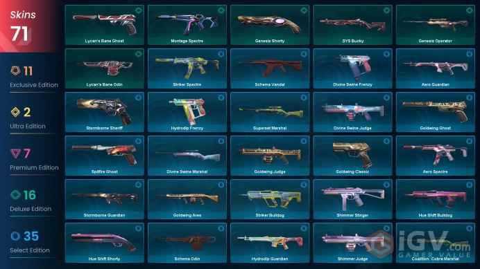 NA | Ignite Fan, Xenohunter Knife, Prime//2.0 Karambit, Reaver Vandal, Elderflame Vandal, Protocol 781-A Phantom, Recon Phantom, BlastX Phantom