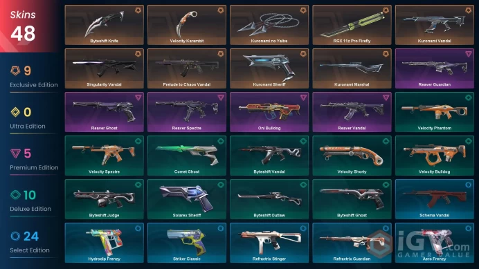 EU/TR 48 skins | Kuronami no Yaiba | Kuronami Vandal | Kuronami Sheriff | Kuronami Marshal | Prelude to Chaos Vandal | RGX 11z Pro Firefly | Sin