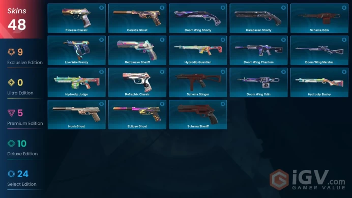 EU/TR 48 skins | Kuronami no Yaiba | Kuronami Vandal | Kuronami Sheriff | Kuronami Marshal | Prelude to Chaos Vandal | RGX 11z Pro Firefly | Sin