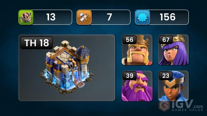 SPECIAL OFFER , TH 18 , BEST HERO , FULL MAGIC ITEM , EQUIPMENTS EPIC , CH NAME 1000, (188)