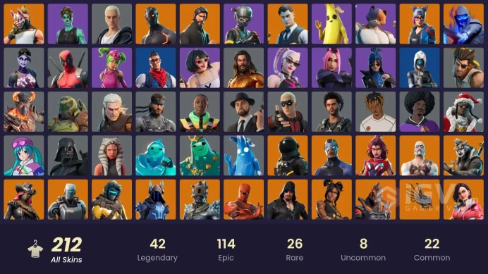 28 Skins - Mail Access - Blue Squire - Royale Knight - Take the L -  Battle Bus Banner -  Snowflake -  Chun-Li
