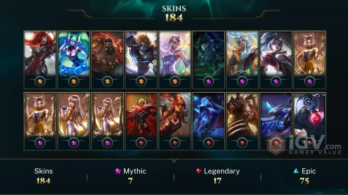 NA EMAIL CHANGEABLE 129 CHAMPIONS 64KBE 10K OE 184 SKINS 6 PRESTIGE Prestige K/DA Ahri 2X Prestige K/DA Kai'Sa 2X  120 ME 42 CHROMAS 21 L LEGEND
