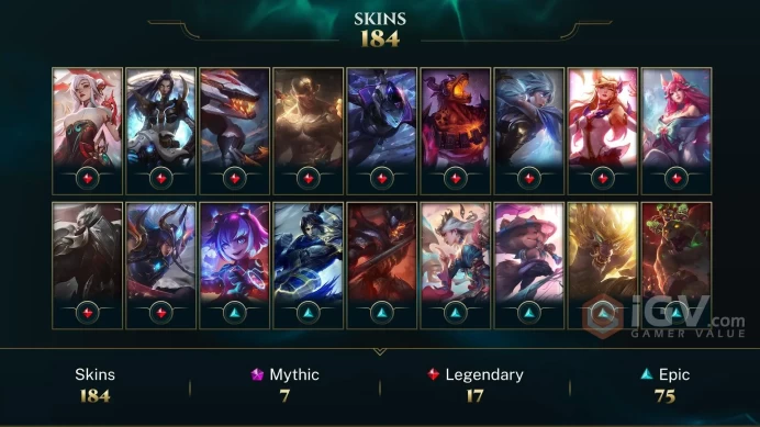 NA EMAIL CHANGEABLE 129 CHAMPIONS 64KBE 10K OE 184 SKINS 6 PRESTIGE Prestige K/DA Ahri 2X Prestige K/DA Kai'Sa 2X  120 ME 42 CHROMAS 21 L LEGEND