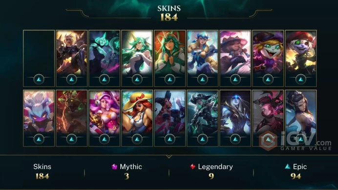 NA EMAIL CHANGEABLE 149 CHAMPIONS 184 SKINS 130 LITTLE LEGENDS Prestige PROJECT: Zed Soulstealer Vayne Last Play 2024 