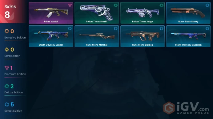 | LATAM | 8 SKINS | VALUE: 1775 VP | Prime Vandal | Iridian Thorn Judge | RANKED READY | 32 LEVEL | INSTANT DELIVERY | FULL ACCESS | G1qwY |