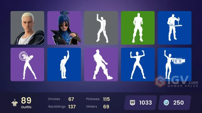 | PC | 89 SKINS | Omegarok | Spectra Knight | Kado Thorne | Inferno | Wild Card | Peter Griffin | Zeus | Valeria | Mae | 250 VBUCKS | G202C |