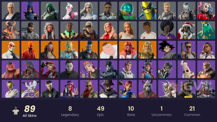 | PC | 89 SKINS | Omegarok | Spectra Knight | Kado Thorne | Inferno | Wild Card | Peter Griffin | Zeus | Valeria | Mae | 250 VBUCKS | G202C |