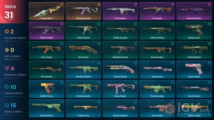EU [ 31 TOP SKINS + 1 KNIFE ] Outpost Melee + Nebula Phantom + Ion Phantom + Glitchpop Vandal + Oni Vandal / full acces