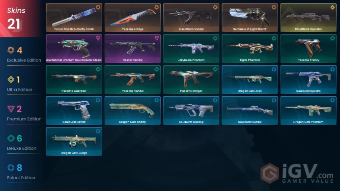 EU [ 21 TOP SKINS + 2 KNIFE ] Yoru's Stylish Butterfly Comb + Paceline's Edge + Sentinels of Light Sheriff + Blackthorn Vandal / full acces