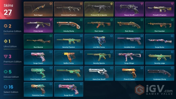 EU - LVL 172 - Unranked - 1 Knife - 27 Skins (~9,975 VP) Ruin Dagger, ChronoVoid Phantom, Reaver Sheriff, Prime Vandal