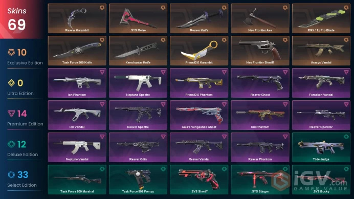 EU - LVL 155 - Unranked - 8 Knifes - 69 Skins (~54,175 VP) Neo Frontier Axe, Xenohunter Knife, Reaver Karambit, Prime2 Karambit, Reaver Knife, R