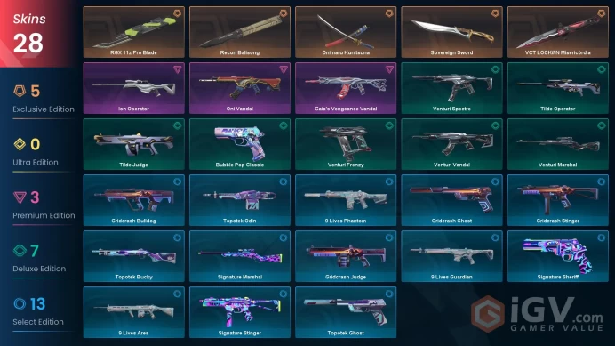 EU - LVL 56 - Unranked - 5 Knifes - 28 Skins (~27,565 VP) VCT LOCKIN Misericordia, Sovereign Sword, RGX 11z Pro Blade, Onimaru Kunitsuna, Recon 